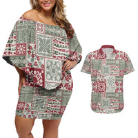 Mele Kalikimaka Hawaii Christmas Couples Matching Off Shoulder Short Dress and Hawaiian Shirt Aloha Spirit with Hawaiian Quilt Pattern LT9 Beige - Polynesian Pride