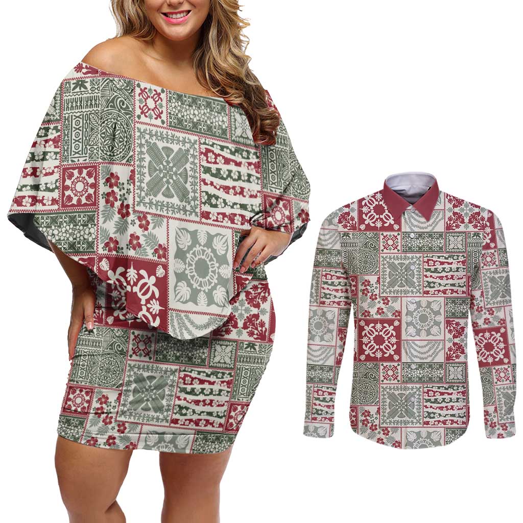 Mele Kalikimaka Hawaii Christmas Couples Matching Off Shoulder Short Dress and Long Sleeve Button Shirt Aloha Spirit with Hawaiian Quilt Pattern LT9 Beige - Polynesian Pride