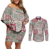 Mele Kalikimaka Hawaii Christmas Couples Matching Off Shoulder Short Dress and Long Sleeve Button Shirt Aloha Spirit with Hawaiian Quilt Pattern LT9 Beige - Polynesian Pride