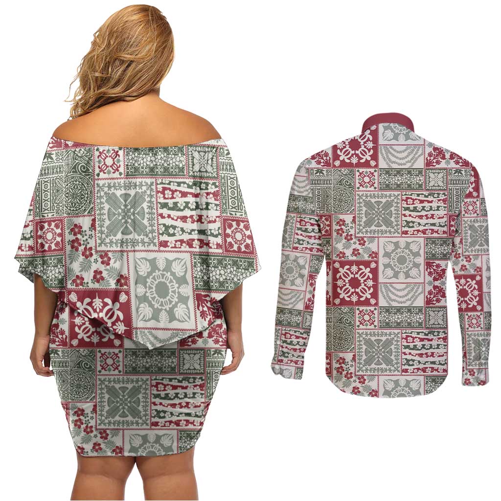 Mele Kalikimaka Hawaii Christmas Couples Matching Off Shoulder Short Dress and Long Sleeve Button Shirt Aloha Spirit with Hawaiian Quilt Pattern LT9 - Polynesian Pride