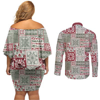 Mele Kalikimaka Hawaii Christmas Couples Matching Off Shoulder Short Dress and Long Sleeve Button Shirt Aloha Spirit with Hawaiian Quilt Pattern LT9 - Polynesian Pride