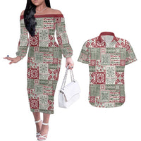 Mele Kalikimaka Hawaii Christmas Couples Matching Off The Shoulder Long Sleeve Dress and Hawaiian Shirt Aloha Spirit with Hawaiian Quilt Pattern LT9 Beige - Polynesian Pride