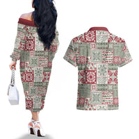 Mele Kalikimaka Hawaii Christmas Couples Matching Off The Shoulder Long Sleeve Dress and Hawaiian Shirt Aloha Spirit with Hawaiian Quilt Pattern LT9 - Polynesian Pride
