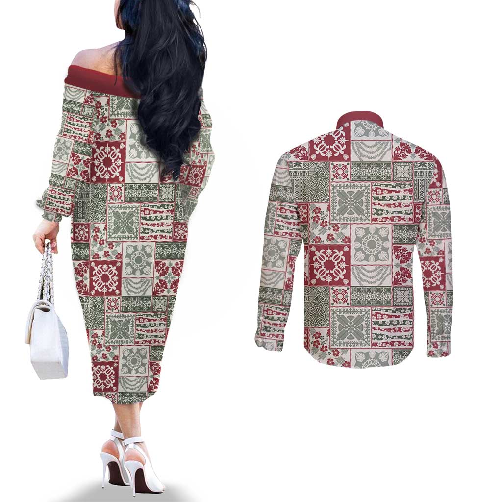 Mele Kalikimaka Hawaii Christmas Couples Matching Off The Shoulder Long Sleeve Dress and Long Sleeve Button Shirt Aloha Spirit with Hawaiian Quilt Pattern LT9 - Polynesian Pride