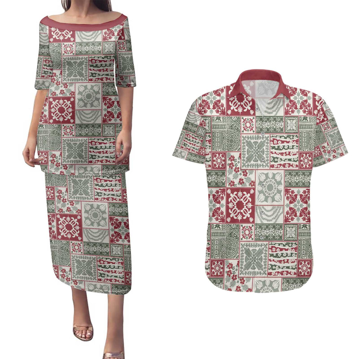 Mele Kalikimaka Hawaii Christmas Couples Matching Puletasi and Hawaiian Shirt Aloha Spirit with Hawaiian Quilt Pattern LT9 Beige - Polynesian Pride