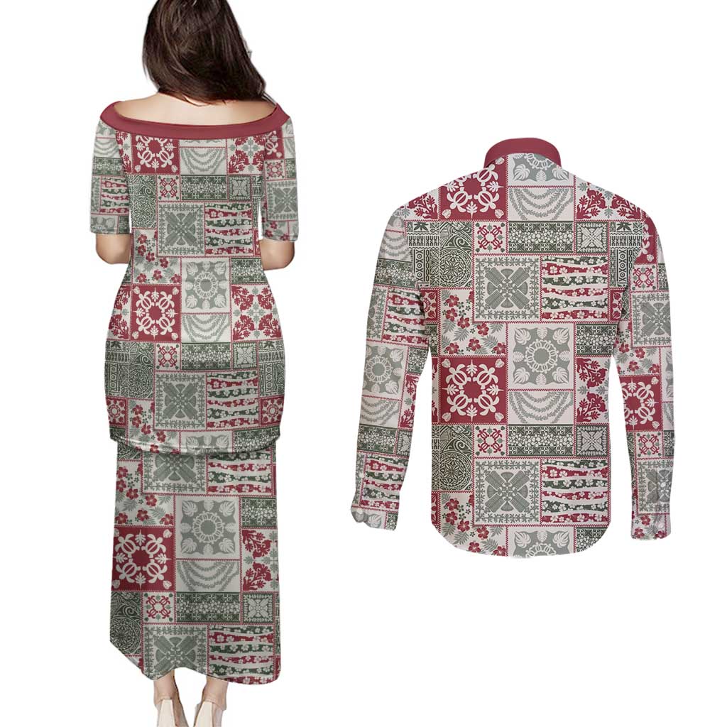 Mele Kalikimaka Hawaii Christmas Couples Matching Puletasi and Long Sleeve Button Shirt Aloha Spirit with Hawaiian Quilt Pattern LT9 - Polynesian Pride