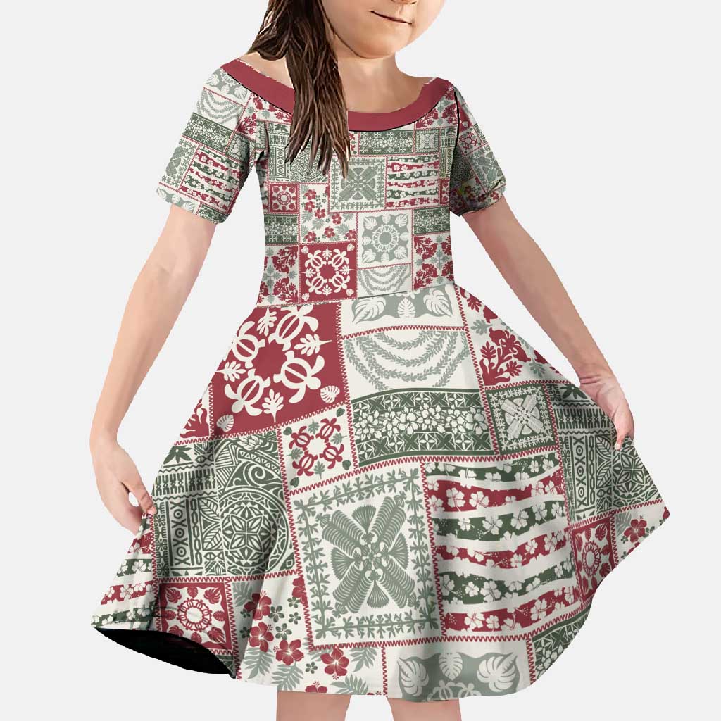 Mele Kalikimaka Hawaii Christmas Family Matching Long Sleeve Bodycon Dress and Hawaiian Shirt Aloha Spirit with Hawaiian Quilt Pattern LT9 Daughter's Dress Beige - Polynesian Pride