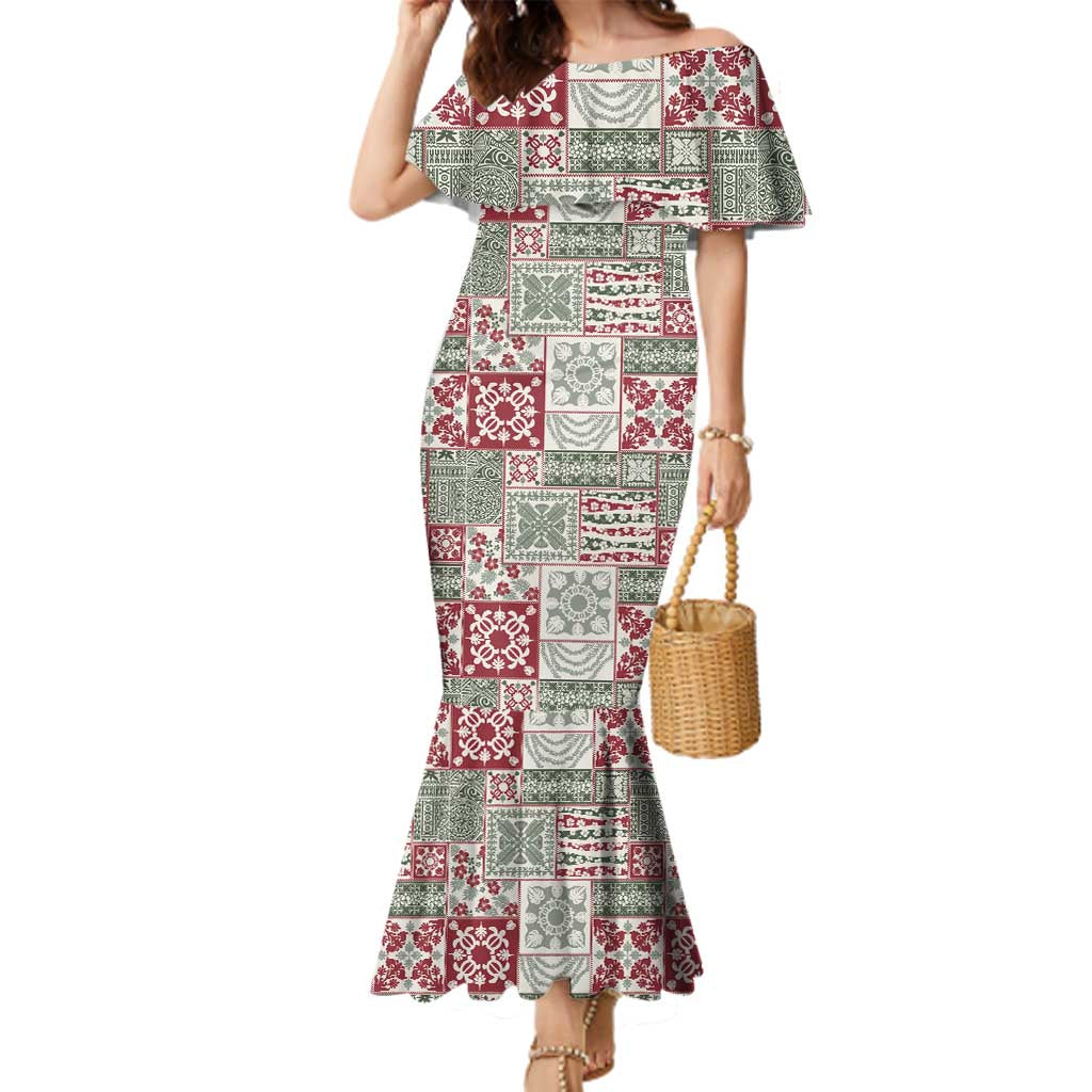 Mele Kalikimaka Hawaii Christmas Family Matching Mermaid Dress and Hawaiian Shirt Aloha Spirit with Hawaiian Quilt Pattern LT9 Mom's Dress Beige - Polynesian Pride