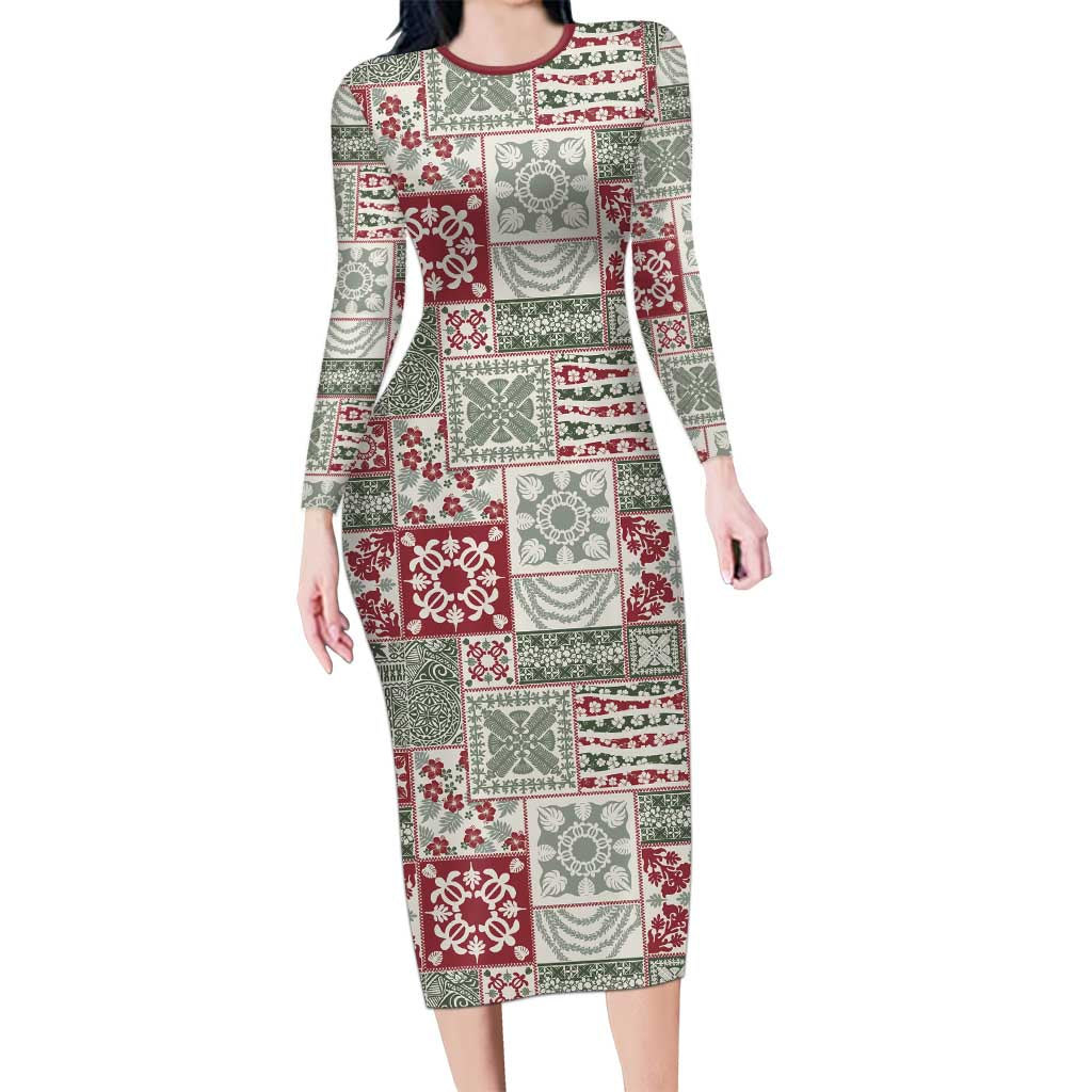 Mele Kalikimaka Hawaii Christmas Long Sleeve Bodycon Dress Aloha Spirit with Hawaiian Quilt Pattern LT9 Long Dress Beige - Polynesian Pride
