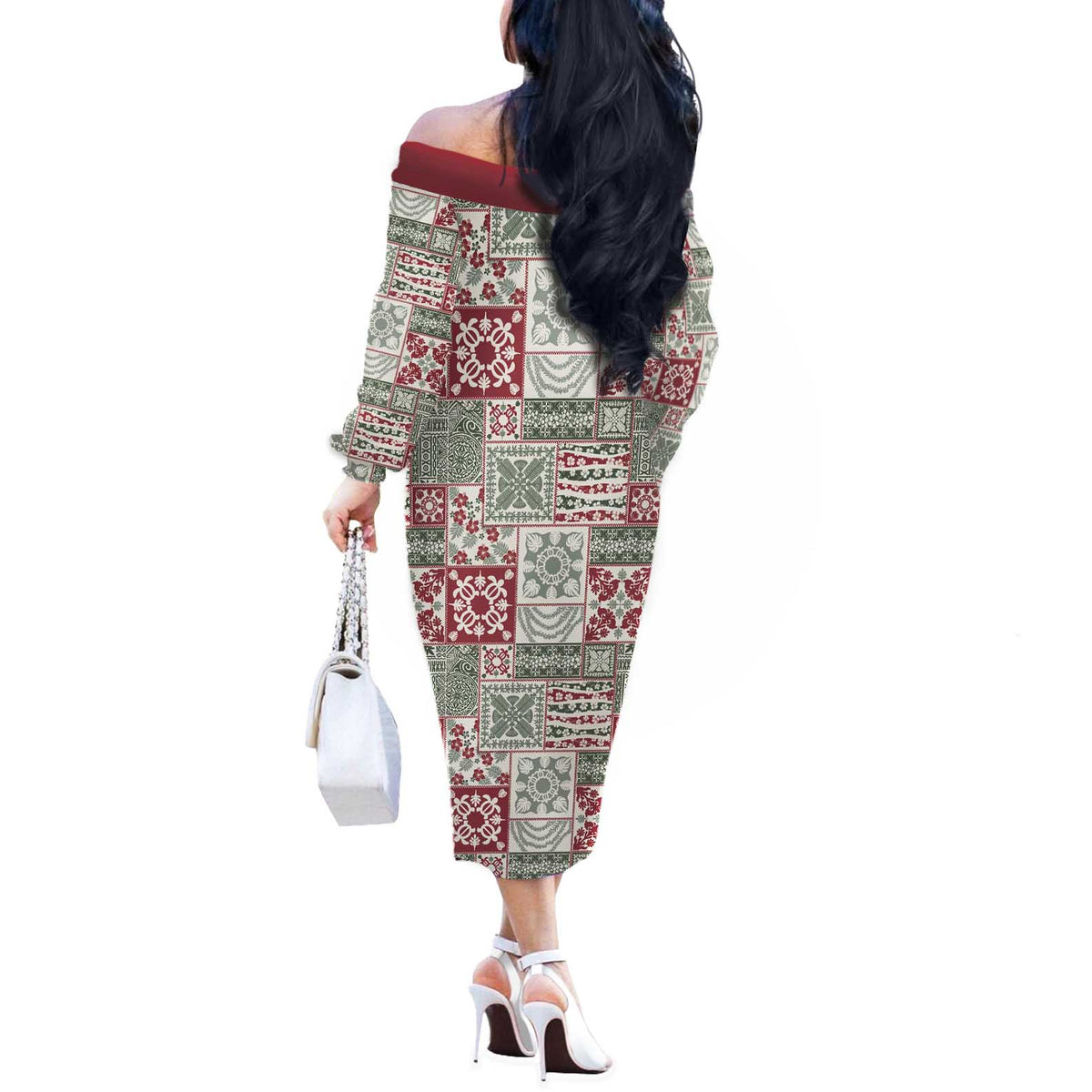 Mele Kalikimaka Hawaii Christmas Off The Shoulder Long Sleeve Dress Aloha Spirit with Hawaiian Quilt Pattern LT9 - Polynesian Pride