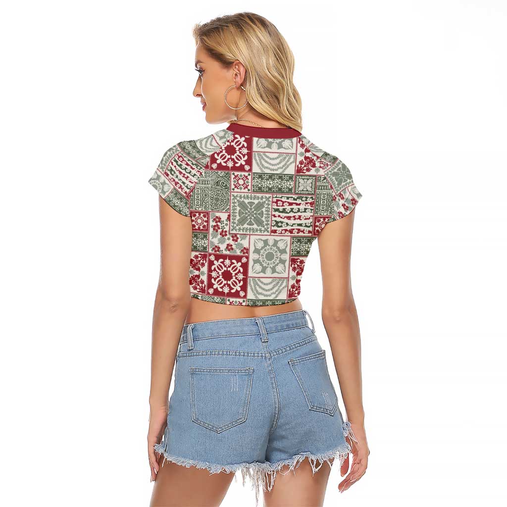 Mele Kalikimaka Hawaii Christmas Raglan Cropped T Shirt Aloha Spirit with Hawaiian Quilt Pattern - Polynesian Pride