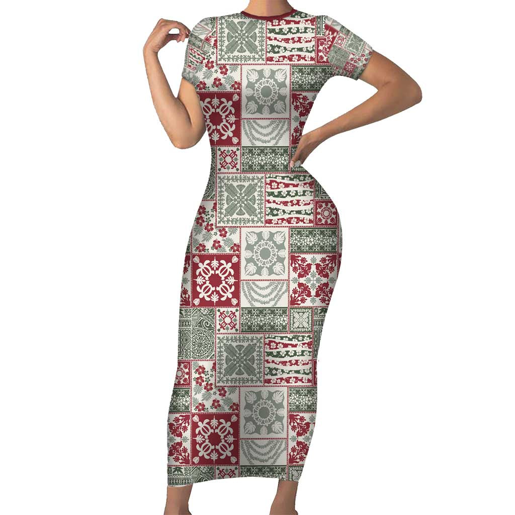 Mele Kalikimaka Hawaii Christmas Short Sleeve Bodycon Dress Aloha Spirit with Hawaiian Quilt Pattern LT9 Long Dress Beige - Polynesian Pride