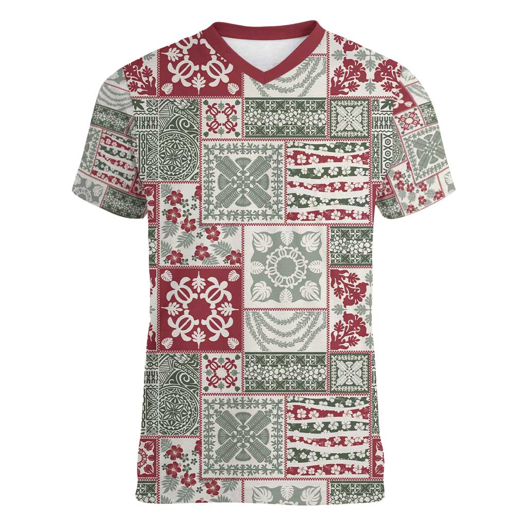Mele Kalikimaka Hawaii Christmas Women V-Neck T-Shirt Aloha Spirit with Hawaiian Quilt Pattern LT9 Female Beige - Polynesian Pride