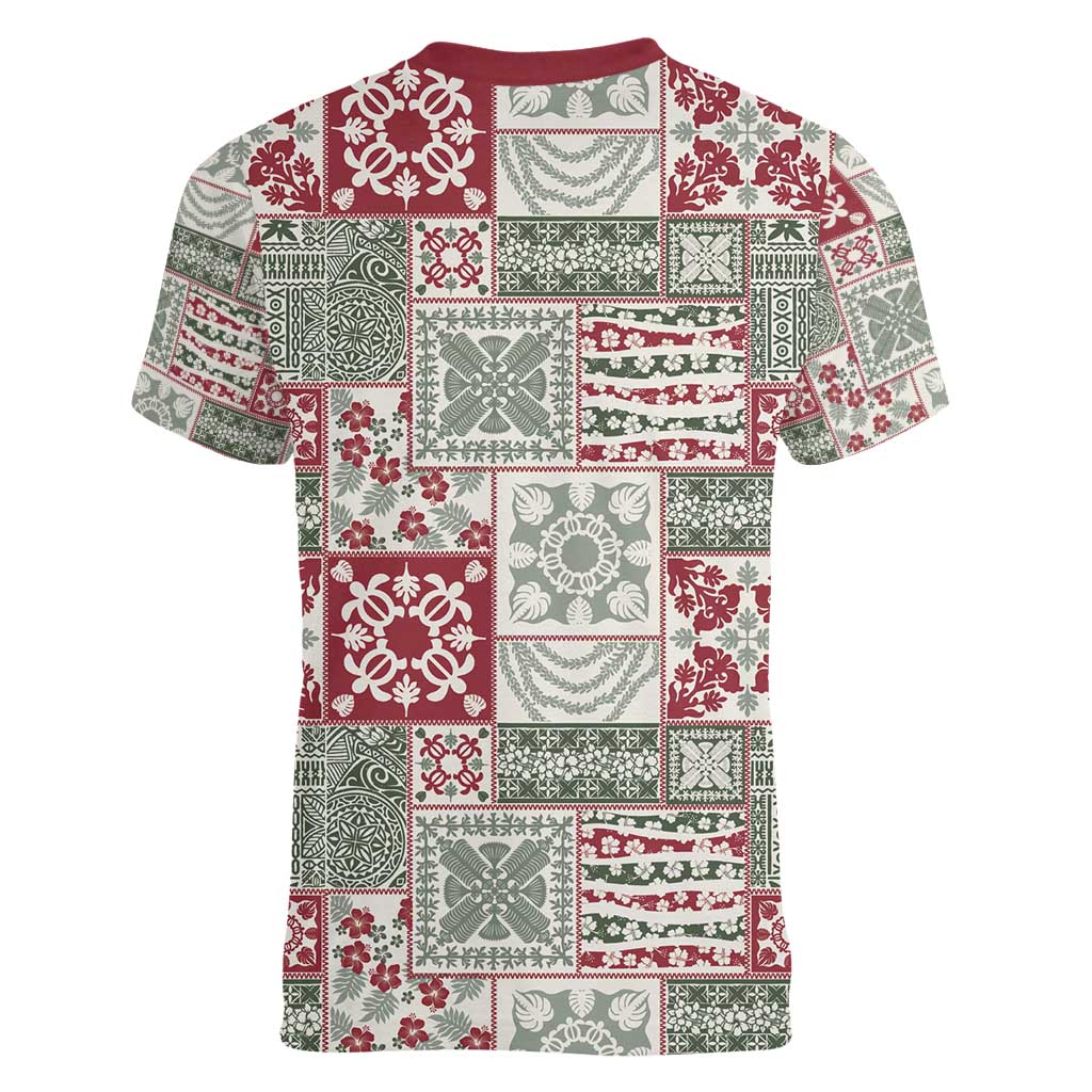 Mele Kalikimaka Hawaii Christmas Women V-Neck T-Shirt Aloha Spirit with Hawaiian Quilt Pattern LT9 - Polynesian Pride