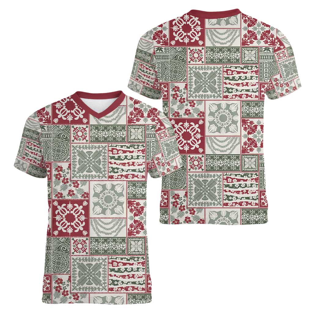 Mele Kalikimaka Hawaii Christmas Women V-Neck T-Shirt Aloha Spirit with Hawaiian Quilt Pattern LT9 - Polynesian Pride