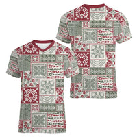 Mele Kalikimaka Hawaii Christmas Women V-Neck T-Shirt Aloha Spirit with Hawaiian Quilt Pattern LT9 - Polynesian Pride