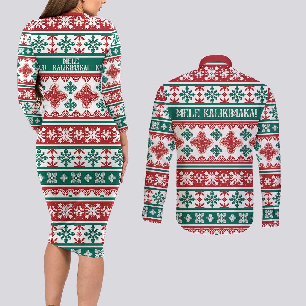 Mele Kalikimaka Hawaii Christmas Couples Matching Long Sleeve Bodycon Dress and Long Sleeve Button Shirt Hawaiian Quilt Pattern Style LT9 - Polynesian Pride