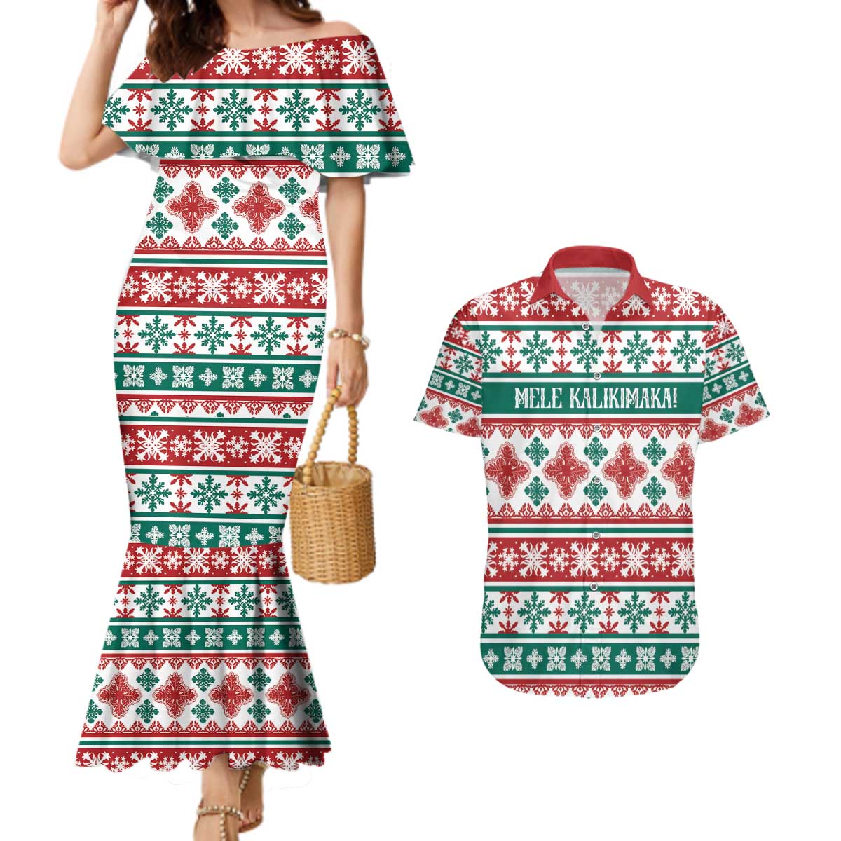 Mele Kalikimaka Hawaii Christmas Couples Matching Mermaid Dress and Hawaiian Shirt Hawaiian Quilt Pattern Style LT9 Beige - Polynesian Pride