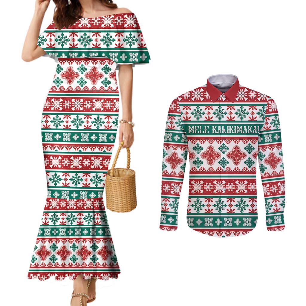 Mele Kalikimaka Hawaii Christmas Couples Matching Mermaid Dress and Long Sleeve Button Shirt Hawaiian Quilt Pattern Style LT9 Beige - Polynesian Pride