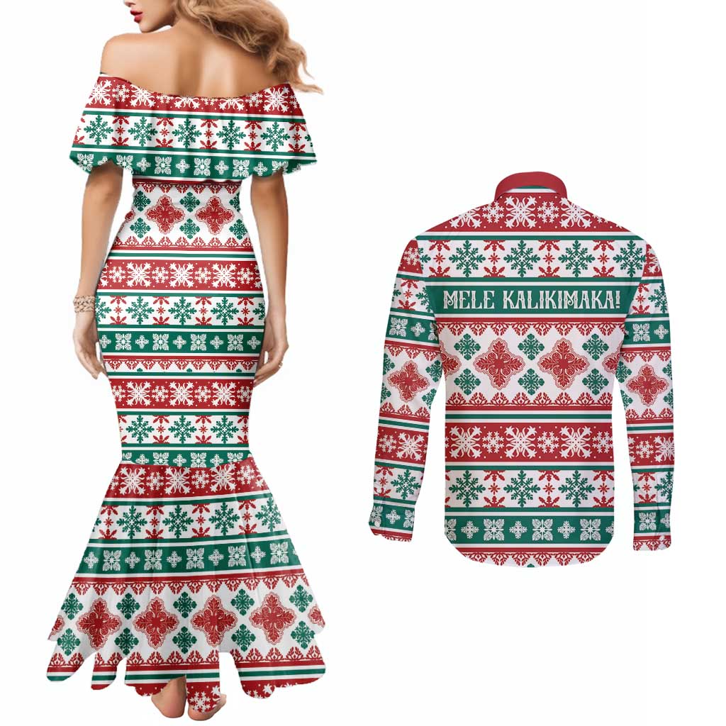 Mele Kalikimaka Hawaii Christmas Couples Matching Mermaid Dress and Long Sleeve Button Shirt Hawaiian Quilt Pattern Style LT9 - Polynesian Pride