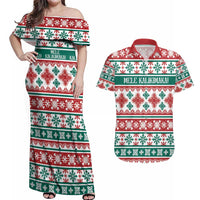 Mele Kalikimaka Hawaii Christmas Couples Matching Off Shoulder Maxi Dress and Hawaiian Shirt Hawaiian Quilt Pattern Style LT9 Beige - Polynesian Pride
