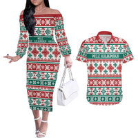 Mele Kalikimaka Hawaii Christmas Couples Matching Off The Shoulder Long Sleeve Dress and Hawaiian Shirt Hawaiian Quilt Pattern Style LT9 Beige - Polynesian Pride