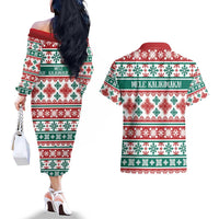 Mele Kalikimaka Hawaii Christmas Couples Matching Off The Shoulder Long Sleeve Dress and Hawaiian Shirt Hawaiian Quilt Pattern Style LT9 - Polynesian Pride