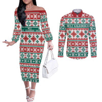 Mele Kalikimaka Hawaii Christmas Couples Matching Off The Shoulder Long Sleeve Dress and Long Sleeve Button Shirt Hawaiian Quilt Pattern Style LT9 Beige - Polynesian Pride