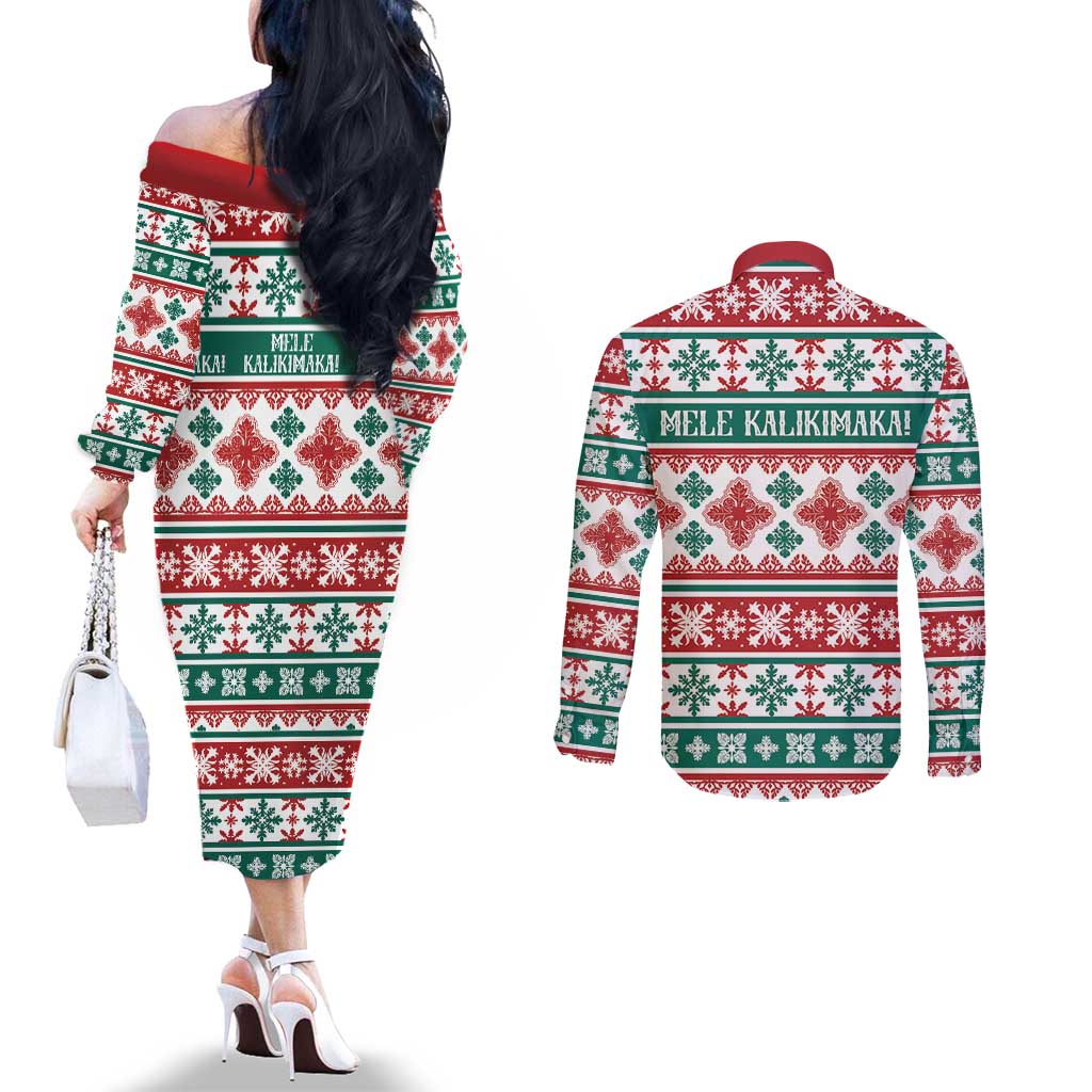 Mele Kalikimaka Hawaii Christmas Couples Matching Off The Shoulder Long Sleeve Dress and Long Sleeve Button Shirt Hawaiian Quilt Pattern Style LT9 - Polynesian Pride