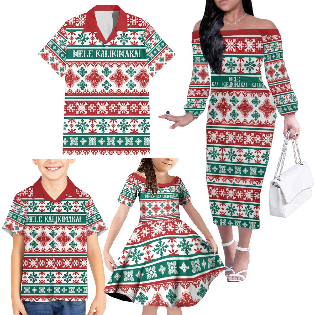 Mele Kalikimaka Hawaii Christmas Family Matching Off The Shoulder Long Sleeve Dress and Hawaiian Shirt Hawaiian Quilt Pattern Style LT9 - Polynesian Pride