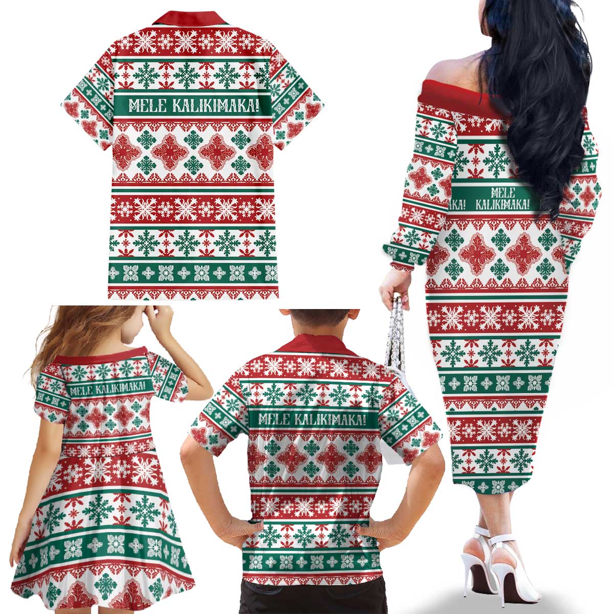 Mele Kalikimaka Hawaii Christmas Family Matching Off The Shoulder Long Sleeve Dress and Hawaiian Shirt Hawaiian Quilt Pattern Style LT9 - Polynesian Pride