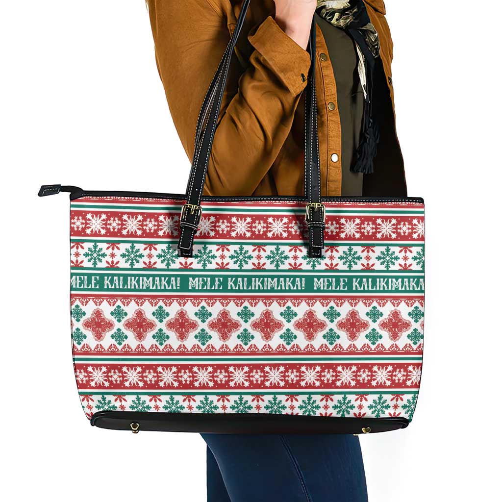 Mele Kalikimaka Hawaii Christmas Leather Tote Bag Hawaiian Quilt Pattern Style - Polynesian Pride