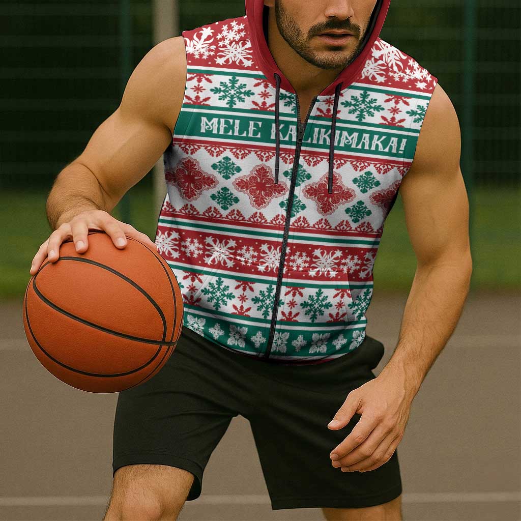 Mele Kalikimaka Hawaii Christmas Sleeveless Zip Hoodie Hawaiian Quilt Pattern Style - Polynesian Pride
