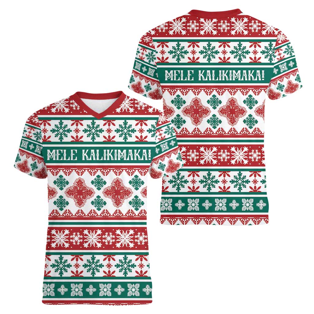 Mele Kalikimaka Hawaii Christmas Women V-Neck T-Shirt Hawaiian Quilt Pattern Style - Polynesian Pride