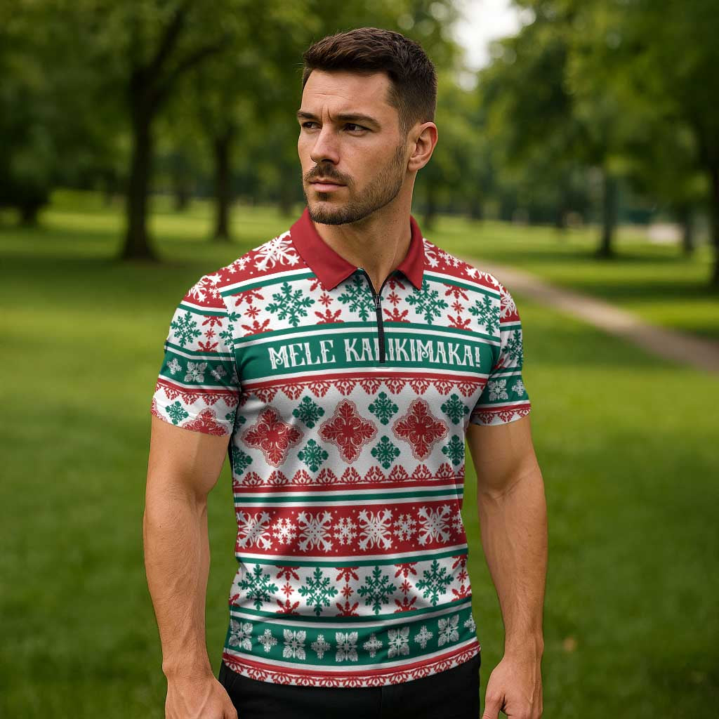 Mele Kalikimaka Hawaii Christmas Zipper Polo Shirt Hawaiian Quilt Pattern Style - Polynesian Pride