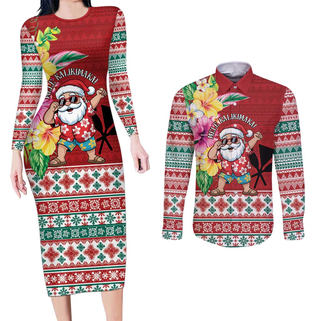 Santa Surf Mele Kalikimaka Personalized Couples Matching Long Sleeve Bodycon Dress and Long Sleeve Button Shirt Aloha Tropical Christmas Vibes LT9 Red - Polynesian Pride