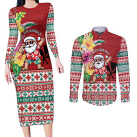 Santa Surf Mele Kalikimaka Personalized Couples Matching Long Sleeve Bodycon Dress and Long Sleeve Button Shirt Aloha Tropical Christmas Vibes LT9 Red - Polynesian Pride