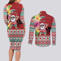 Santa Surf Mele Kalikimaka Personalized Couples Matching Long Sleeve Bodycon Dress and Long Sleeve Button Shirt Aloha Tropical Christmas Vibes LT9 - Polynesian Pride