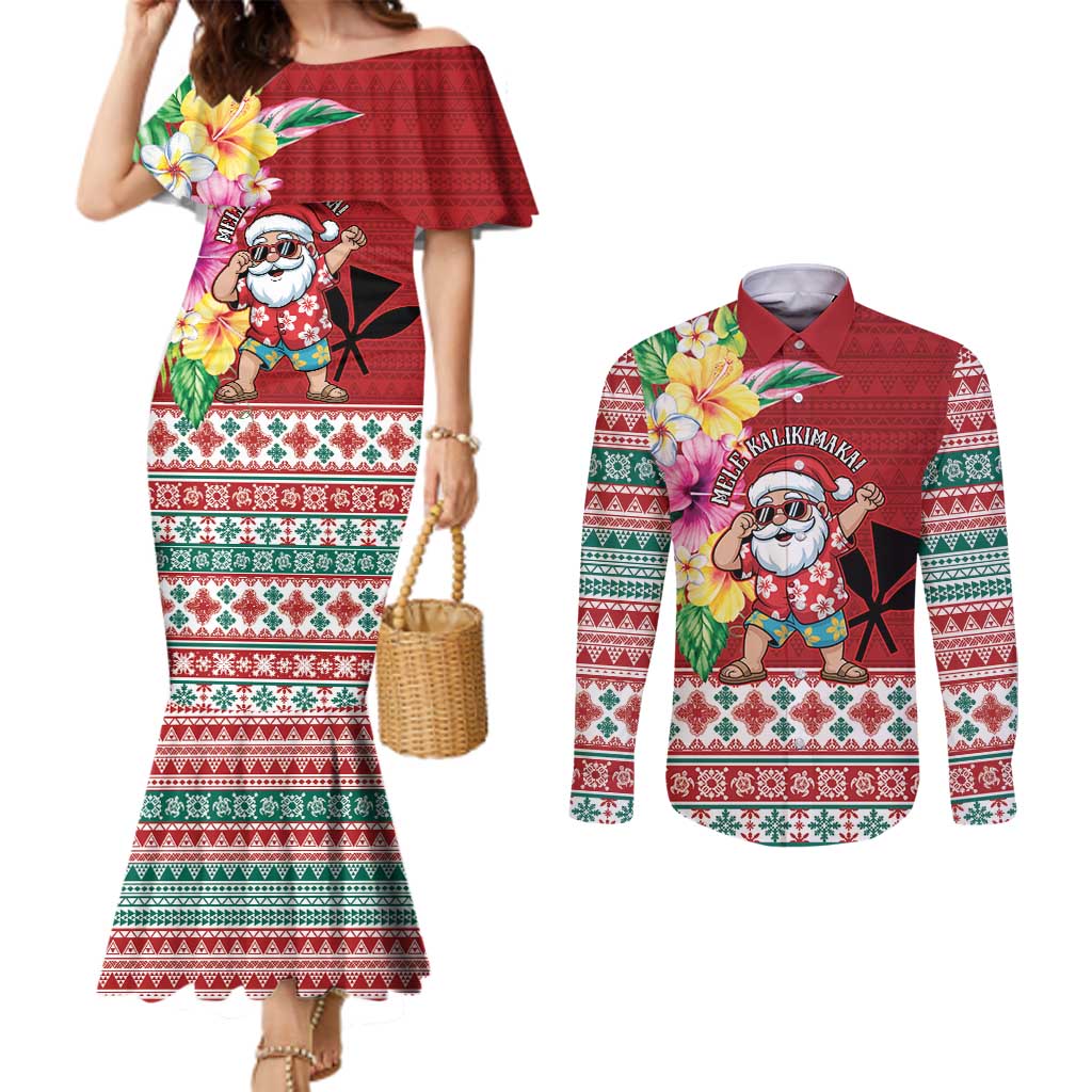 Santa Surf Mele Kalikimaka Personalized Couples Matching Mermaid Dress and Long Sleeve Button Shirt Aloha Tropical Christmas Vibes LT9 Red - Polynesian Pride