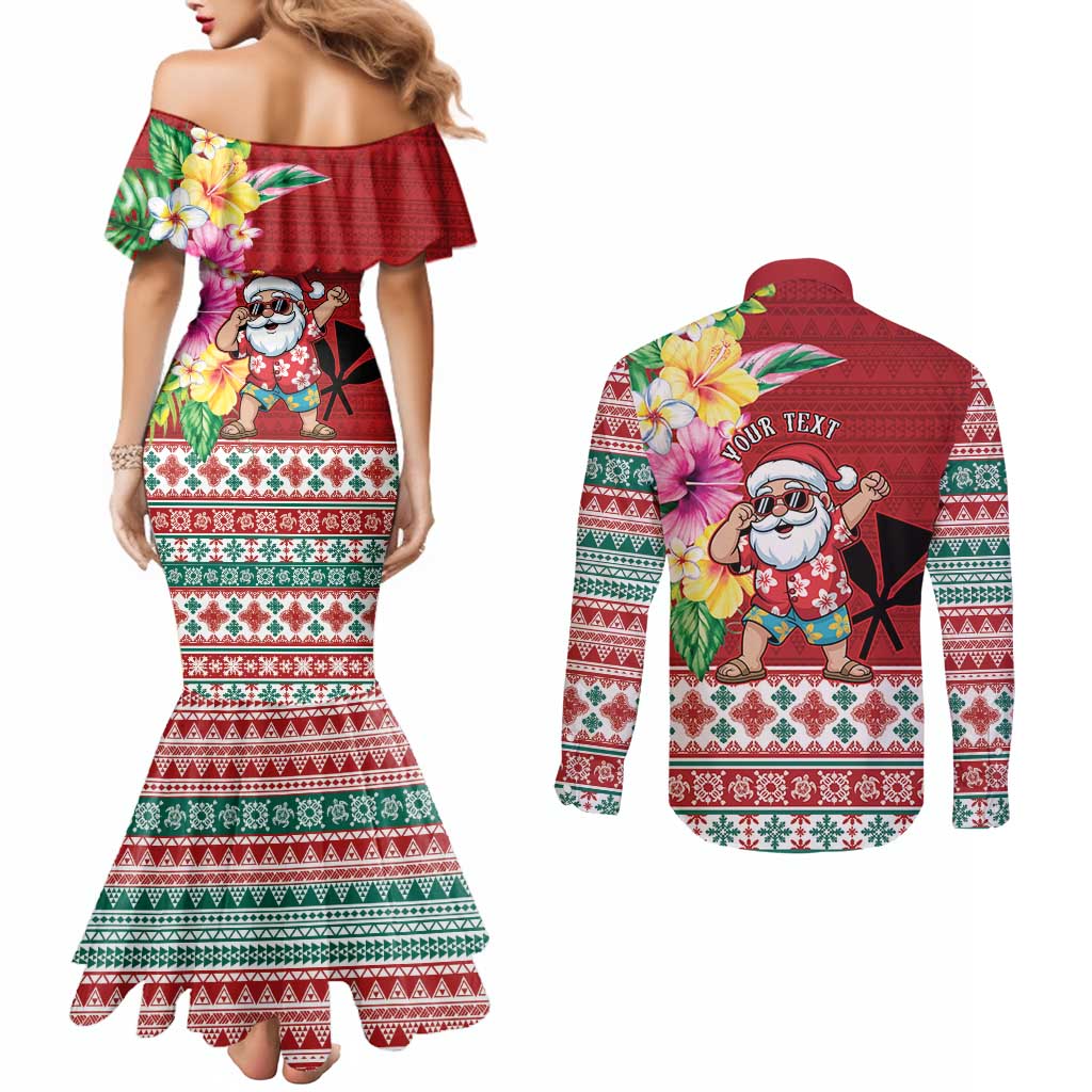 Santa Surf Mele Kalikimaka Personalized Couples Matching Mermaid Dress and Long Sleeve Button Shirt Aloha Tropical Christmas Vibes LT9 - Polynesian Pride
