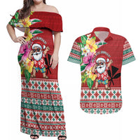 Santa Surf Mele Kalikimaka Personalized Couples Matching Off Shoulder Maxi Dress and Hawaiian Shirt Aloha Tropical Christmas Vibes LT9 Red - Polynesian Pride