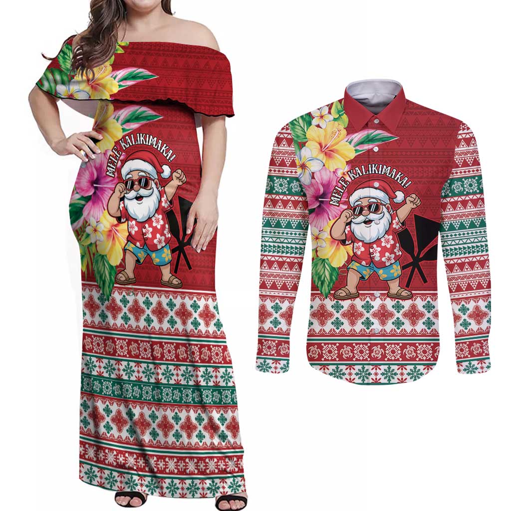 Santa Surf Mele Kalikimaka Personalized Couples Matching Off Shoulder Maxi Dress and Long Sleeve Button Shirt Aloha Tropical Christmas Vibes LT9 Red - Polynesian Pride