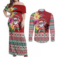 Santa Surf Mele Kalikimaka Personalized Couples Matching Off Shoulder Maxi Dress and Long Sleeve Button Shirt Aloha Tropical Christmas Vibes LT9 Red - Polynesian Pride