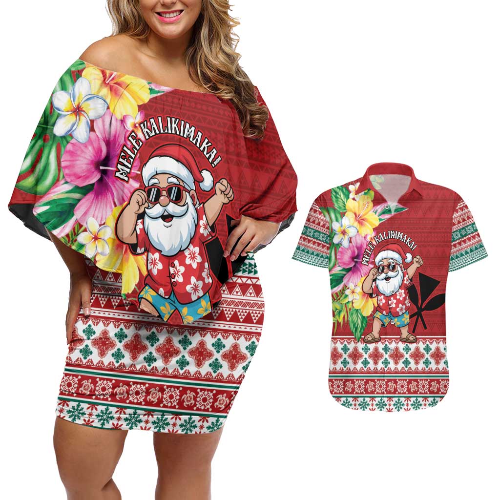 Santa Surf Mele Kalikimaka Personalized Couples Matching Off Shoulder Short Dress and Hawaiian Shirt Aloha Tropical Christmas Vibes LT9 Red - Polynesian Pride