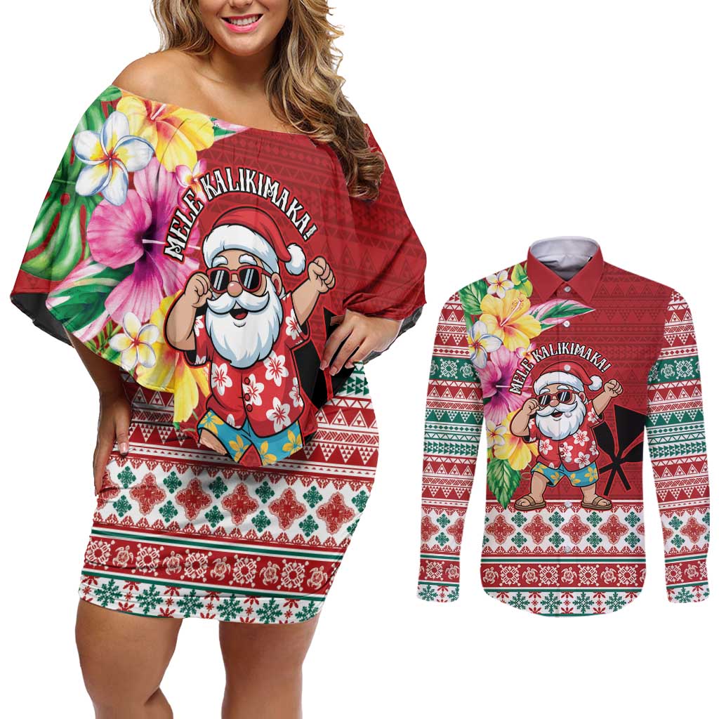 Santa Surf Mele Kalikimaka Personalized Couples Matching Off Shoulder Short Dress and Long Sleeve Button Shirt Aloha Tropical Christmas Vibes LT9 Red - Polynesian Pride