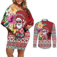 Santa Surf Mele Kalikimaka Personalized Couples Matching Off Shoulder Short Dress and Long Sleeve Button Shirt Aloha Tropical Christmas Vibes LT9 Red - Polynesian Pride
