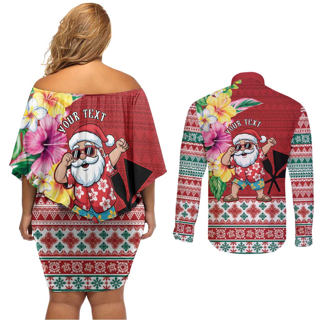 Santa Surf Mele Kalikimaka Personalized Couples Matching Off Shoulder Short Dress and Long Sleeve Button Shirt Aloha Tropical Christmas Vibes LT9 - Polynesian Pride