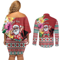 Santa Surf Mele Kalikimaka Personalized Couples Matching Off Shoulder Short Dress and Long Sleeve Button Shirt Aloha Tropical Christmas Vibes LT9 - Polynesian Pride