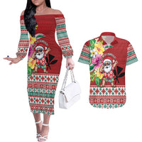 Santa Surf Mele Kalikimaka Personalized Couples Matching Off The Shoulder Long Sleeve Dress and Hawaiian Shirt Aloha Tropical Christmas Vibes LT9 Red - Polynesian Pride