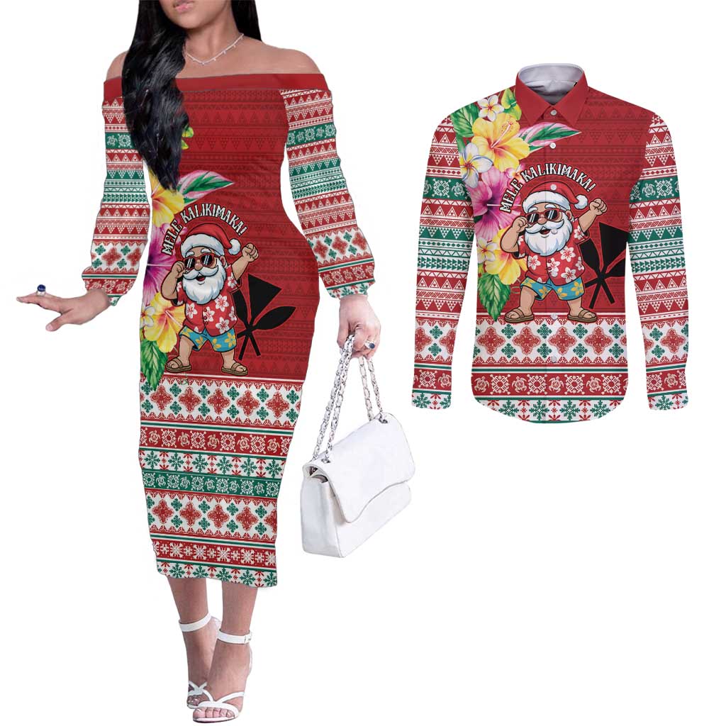 Santa Surf Mele Kalikimaka Personalized Couples Matching Off The Shoulder Long Sleeve Dress and Long Sleeve Button Shirt Aloha Tropical Christmas Vibes LT9 Red - Polynesian Pride